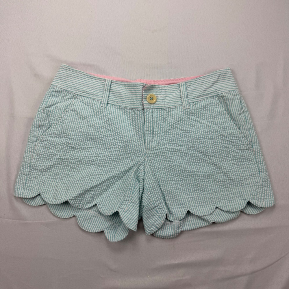Lilly Pulitzer Seersucker Shorts Women 00 Mint Green Scalloped Hem Striped 26729